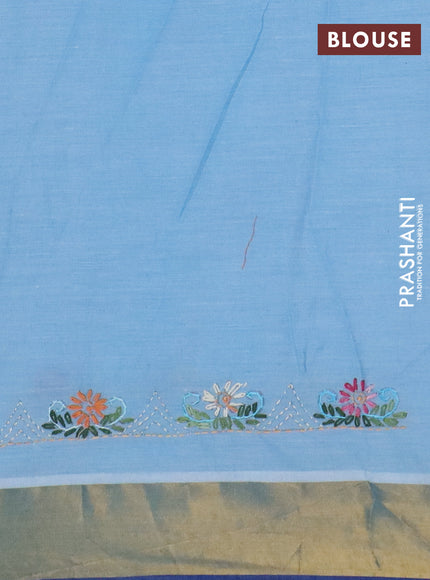 Mul cotton saree light blue and blue with embroidery work buttas and embroidery work pallu & zari woven border