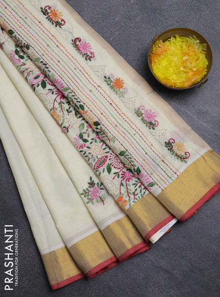 Mul cotton saree cream and red with embroidery work buttas and embroidery work pallu & zari woven border