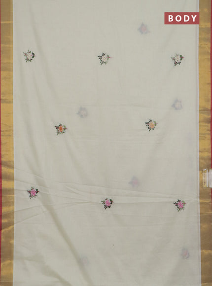 Mul cotton saree cream and red with embroidery work buttas and embroidery work pallu & zari woven border