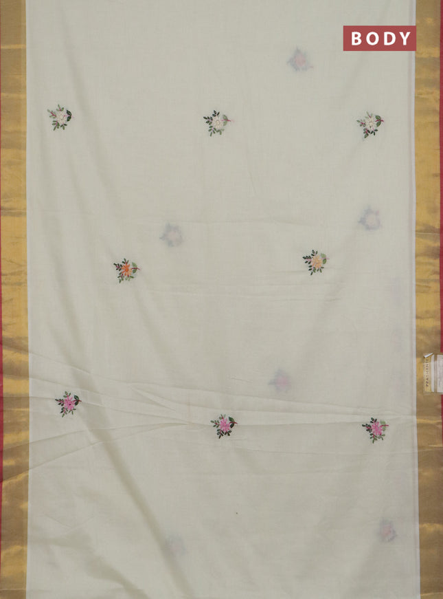 Mul cotton saree cream and red with embroidery work buttas and embroidery work pallu & zari woven border
