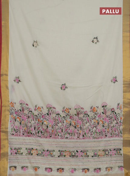 Mul cotton saree cream and red with embroidery work buttas and embroidery work pallu & zari woven border