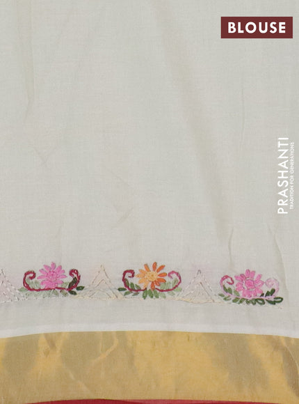 Mul cotton saree cream and red with embroidery work buttas and embroidery work pallu & zari woven border