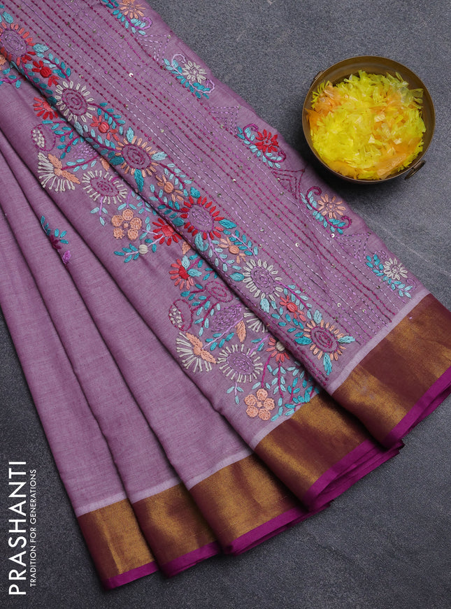 Mul cotton saree mild purple and purple with embroidery work buttas and embroidery work pallu & zari woven border