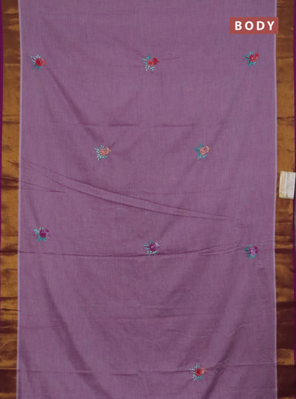Mul cotton saree mild purple and purple with embroidery work buttas and embroidery work pallu & zari woven border
