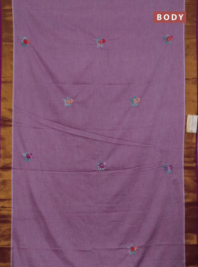 Mul cotton saree mild purple and purple with embroidery work buttas and embroidery work pallu & zari woven border