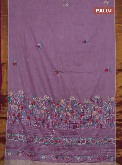 Mul cotton saree mild purple and purple with embroidery work buttas and embroidery work pallu & zari woven border