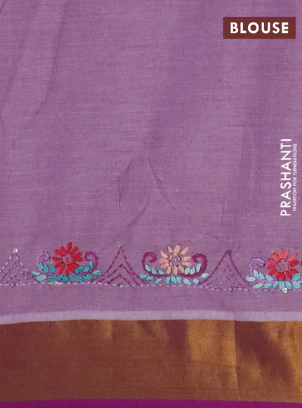 Mul cotton saree mild purple and purple with embroidery work buttas and embroidery work pallu & zari woven border