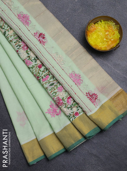 Mul cotton saree pista green and green with embroidery work buttas and embroidery work pallu & zari woven border