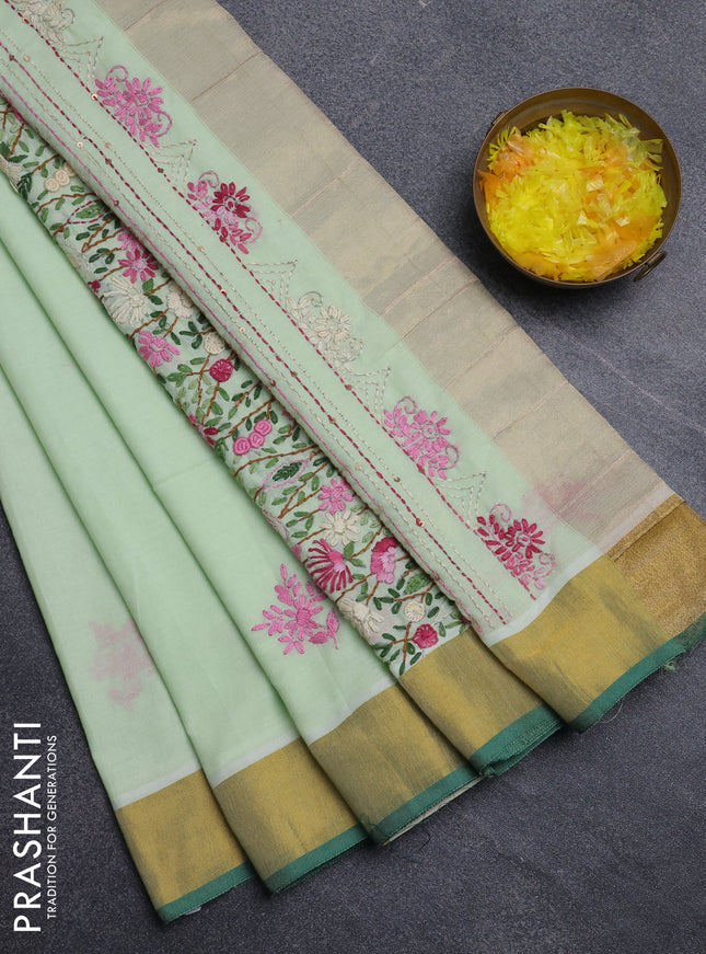 Mul cotton saree pista green and green with embroidery work buttas and embroidery work pallu & zari woven border