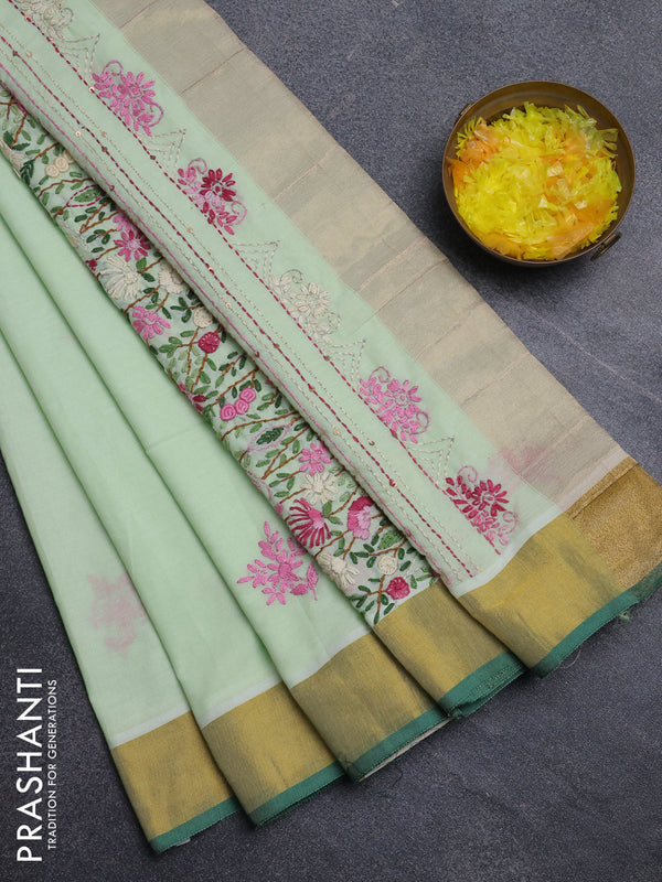 Mul cotton saree pista green and green with embroidery work buttas and embroidery work pallu & zari woven border
