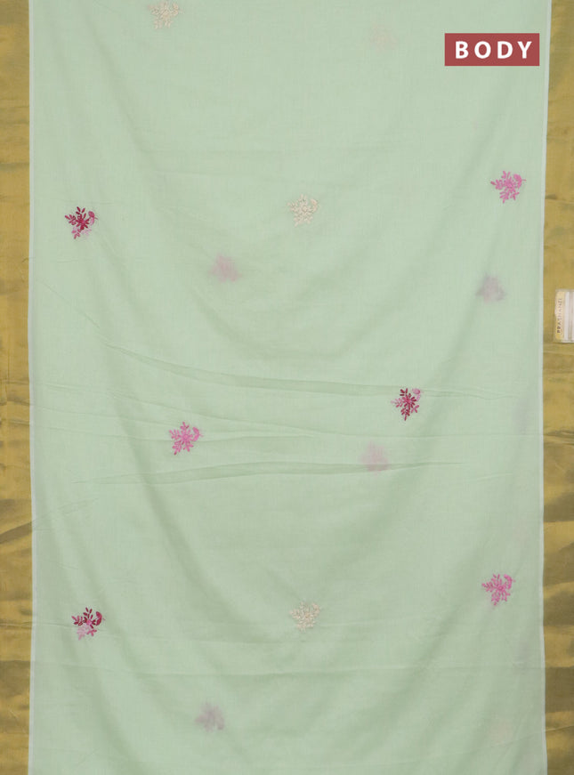Mul cotton saree pista green and green with embroidery work buttas and embroidery work pallu & zari woven border