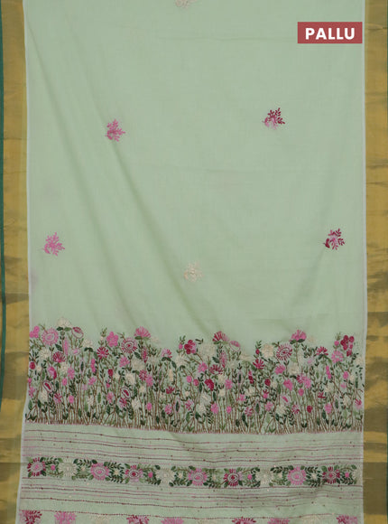 Mul cotton saree pista green and green with embroidery work buttas and embroidery work pallu & zari woven border