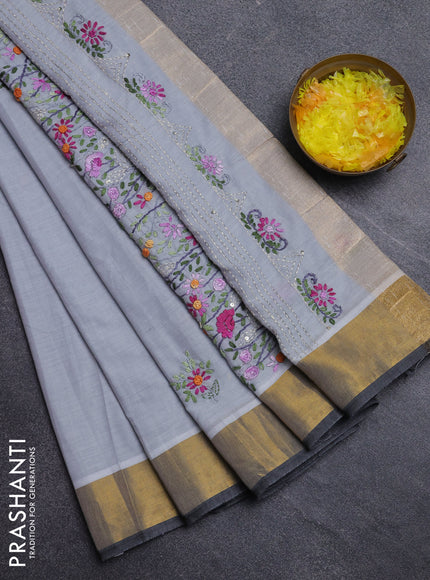 Mul cotton saree grey and dark grey with embroidery work buttas and embroidery work pallu & zari woven border