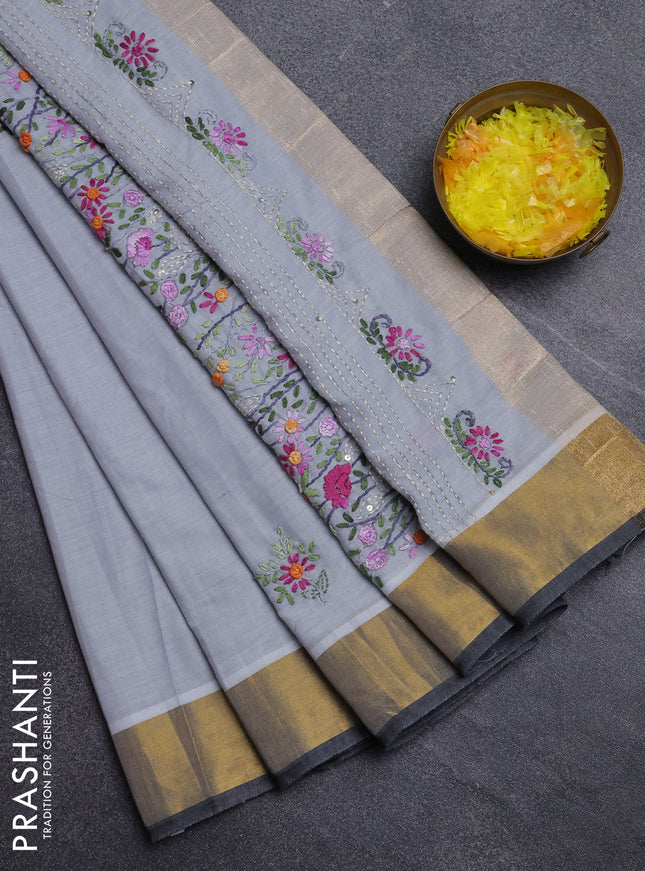 Mul cotton saree grey and dark grey with embroidery work buttas and embroidery work pallu & zari woven border