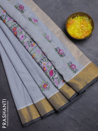 Mul cotton saree grey and dark grey with embroidery work buttas and embroidery work pallu & zari woven border