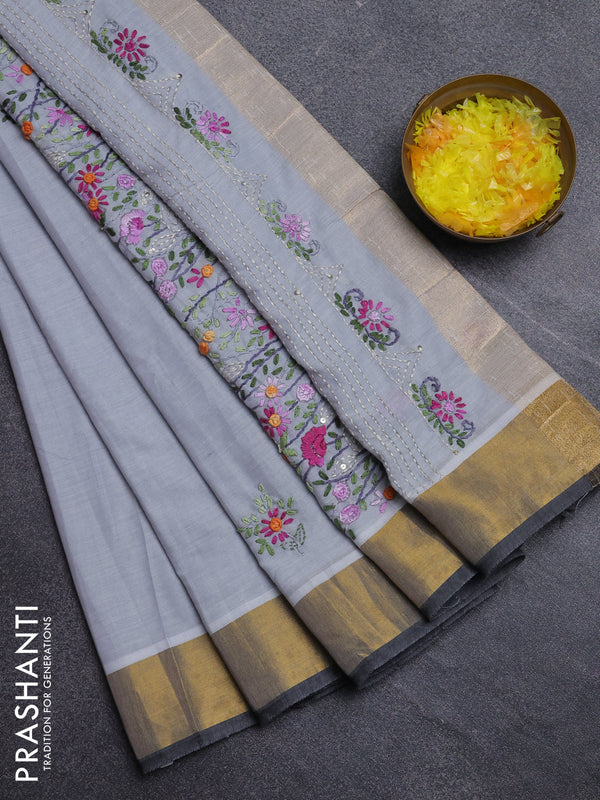 Mul cotton saree grey and dark grey with embroidery work buttas and embroidery work pallu & zari woven border