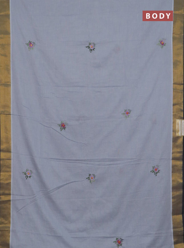 Mul cotton saree grey and dark grey with embroidery work buttas and embroidery work pallu & zari woven border