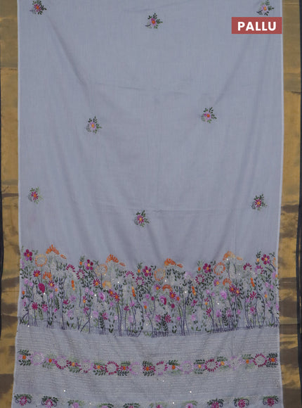 Mul cotton saree grey and dark grey with embroidery work buttas and embroidery work pallu & zari woven border