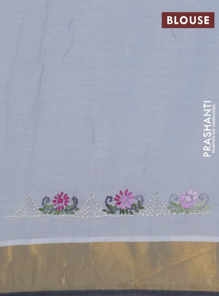 Mul cotton saree grey and dark grey with embroidery work buttas and embroidery work pallu & zari woven border