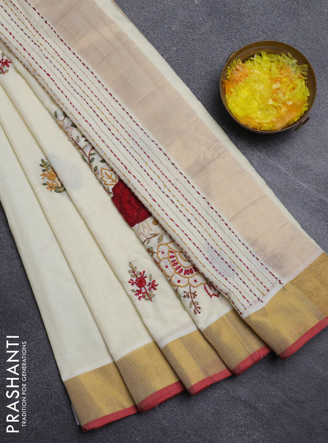 Mul cotton saree cream and maroon with embroidery work buttas and embroidery work pallu & zari woven border