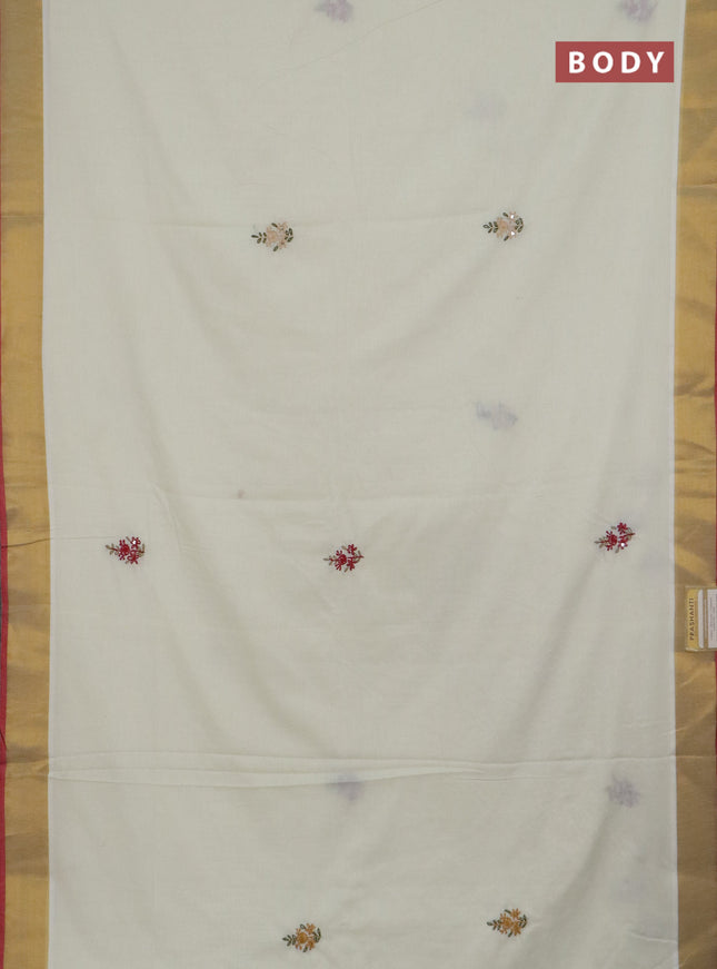 Mul cotton saree cream and maroon with embroidery work buttas and embroidery work pallu & zari woven border