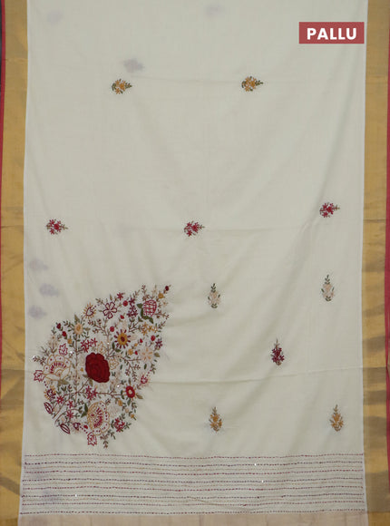 Mul cotton saree cream and maroon with embroidery work buttas and embroidery work pallu & zari woven border