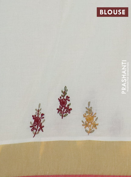 Mul cotton saree cream and maroon with embroidery work buttas and embroidery work pallu & zari woven border