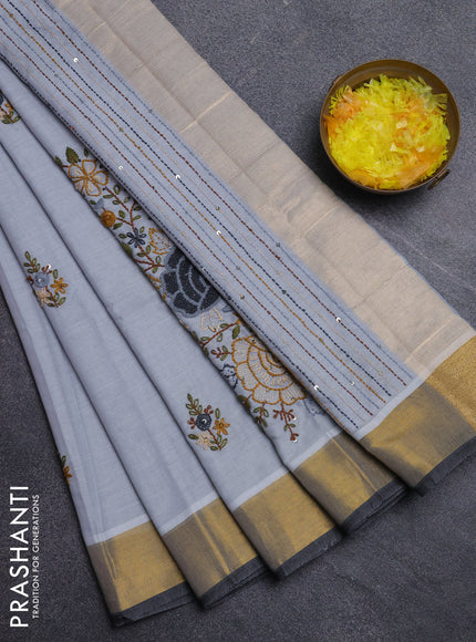 Mul cotton saree grey and dark grey with embroidery work buttas and embroidery work pallu & zari woven border