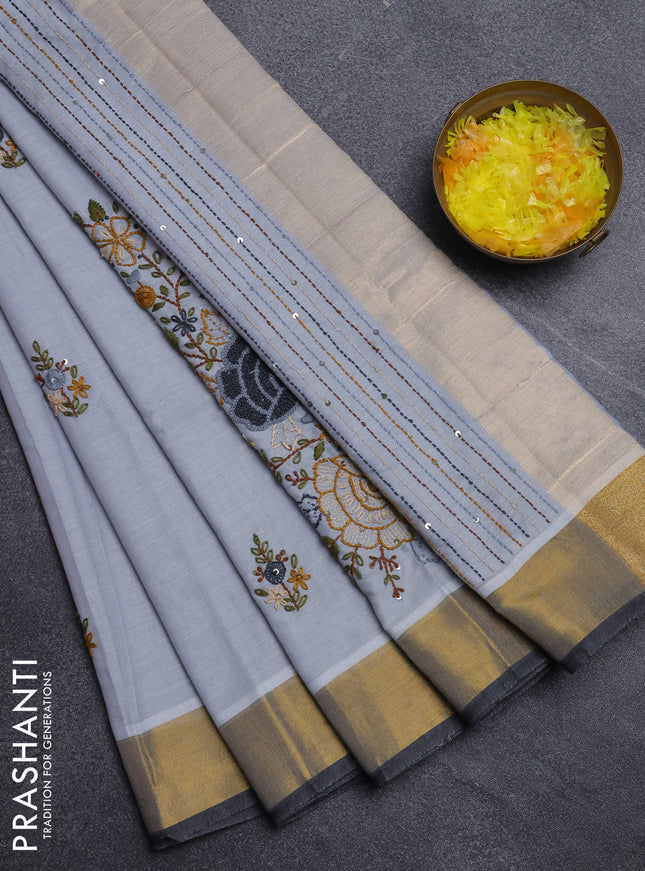 Mul cotton saree grey and dark grey with embroidery work buttas and embroidery work pallu & zari woven border