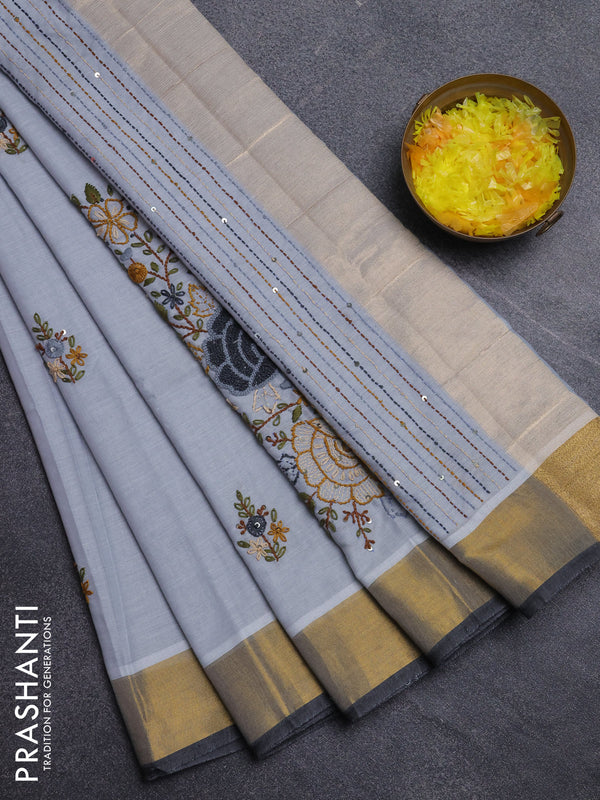 Mul cotton saree grey and dark grey with embroidery work buttas and embroidery work pallu & zari woven border