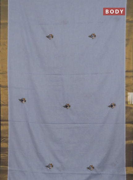 Mul cotton saree grey and dark grey with embroidery work buttas and embroidery work pallu & zari woven border