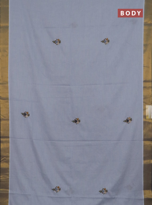 Mul cotton saree grey and dark grey with embroidery work buttas and embroidery work pallu & zari woven border
