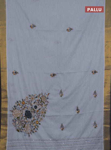 Mul cotton saree grey and dark grey with embroidery work buttas and embroidery work pallu & zari woven border