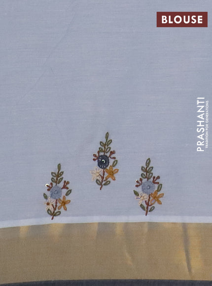 Mul cotton saree grey and dark grey with embroidery work buttas and embroidery work pallu & zari woven border