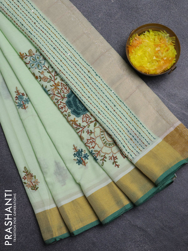 Mul cotton saree pista green and green with embroidery work buttas and embroidery work pallu & zari woven border
