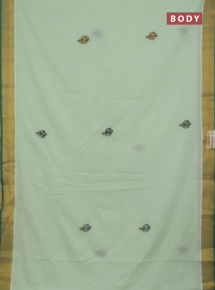 Mul cotton saree pista green and green with embroidery work buttas and embroidery work pallu & zari woven border