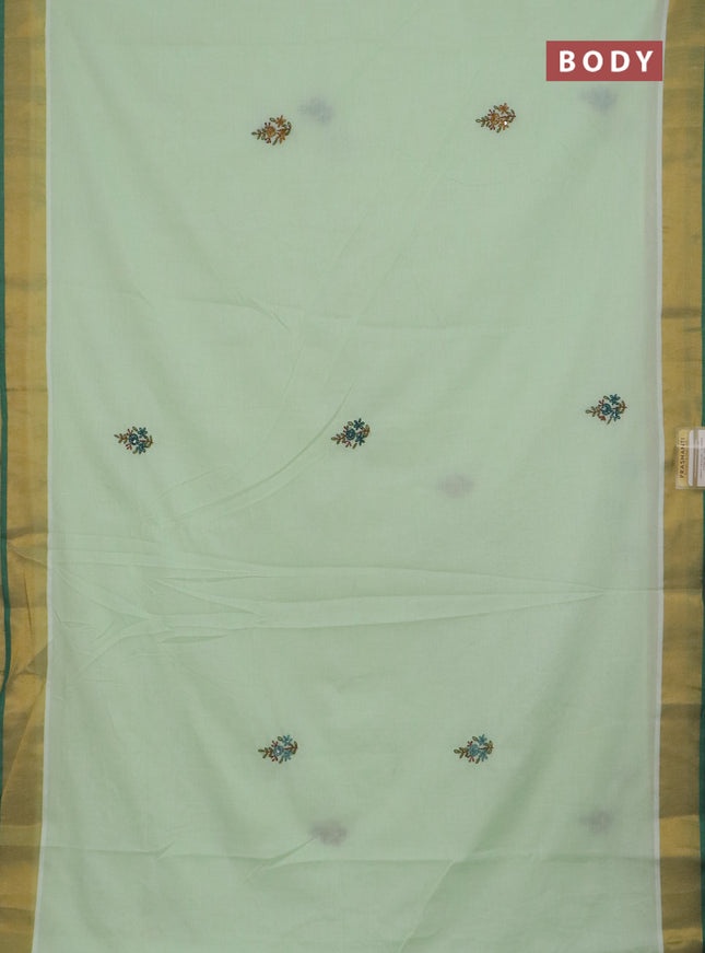 Mul cotton saree pista green and green with embroidery work buttas and embroidery work pallu & zari woven border