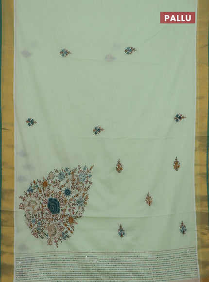 Mul cotton saree pista green and green with embroidery work buttas and embroidery work pallu & zari woven border