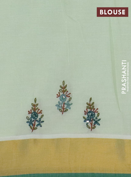 Mul cotton saree pista green and green with embroidery work buttas and embroidery work pallu & zari woven border