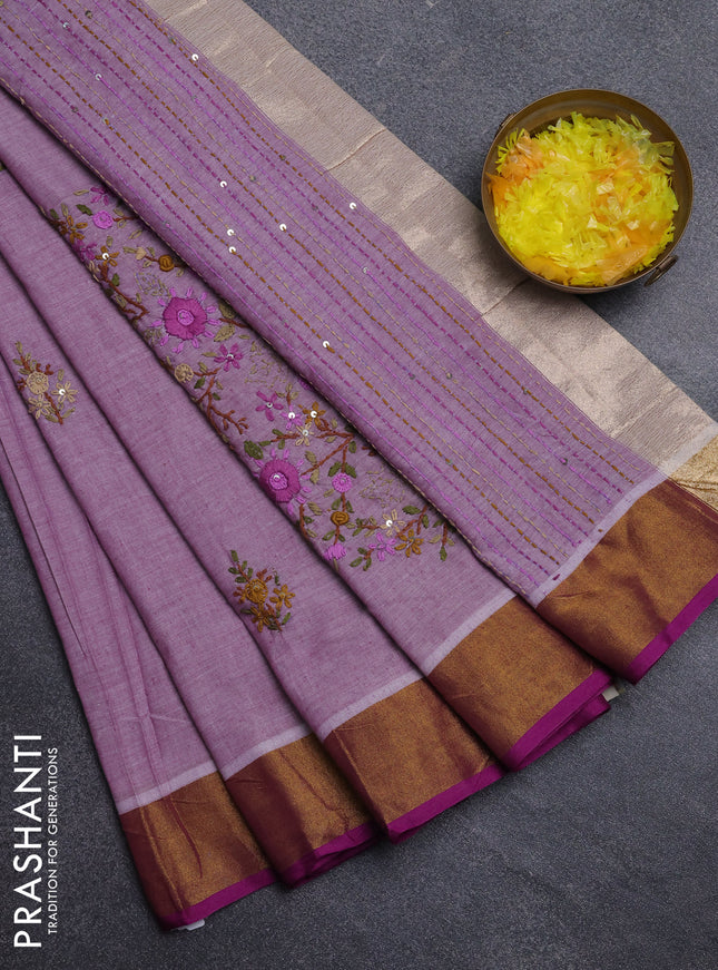 Mul cotton saree mild purple and purple with embroidery work buttas and embroidery work pallu & zari woven border