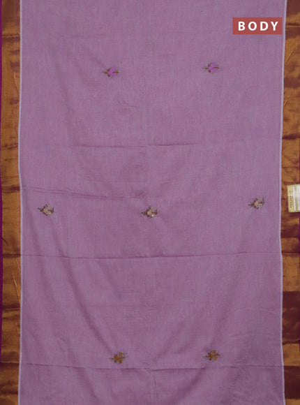 Mul cotton saree mild purple and purple with embroidery work buttas and embroidery work pallu & zari woven border