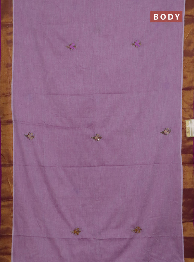 Mul cotton saree mild purple and purple with embroidery work buttas and embroidery work pallu & zari woven border
