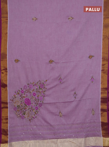 Mul cotton saree mild purple and purple with embroidery work buttas and embroidery work pallu & zari woven border