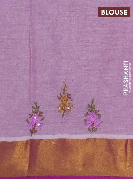 Mul cotton saree mild purple and purple with embroidery work buttas and embroidery work pallu & zari woven border