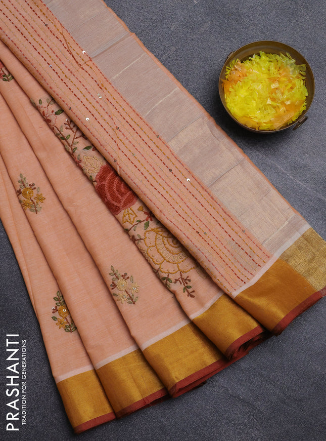 Mul cotton saree pale orange and maroon with embroidery work buttas and embroidery work pallu & zari woven border