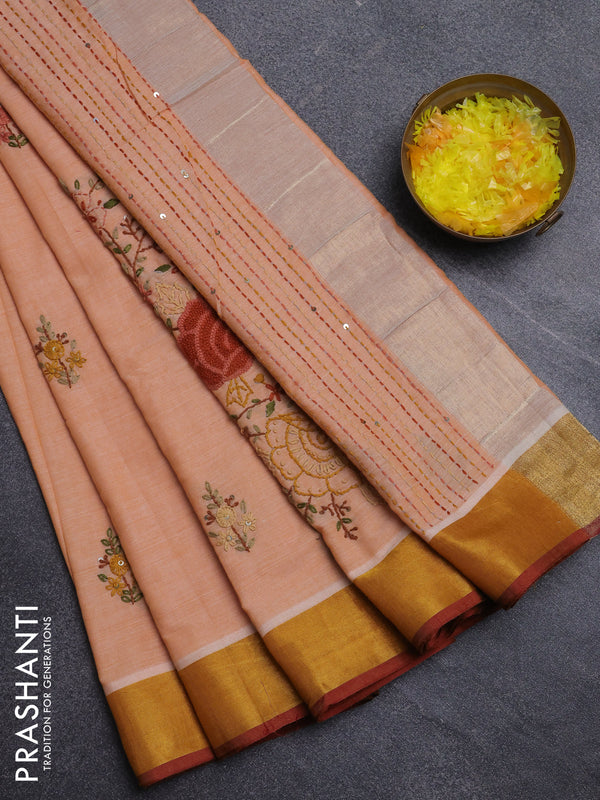 Mul cotton saree pale orange and maroon with embroidery work buttas and embroidery work pallu & zari woven border