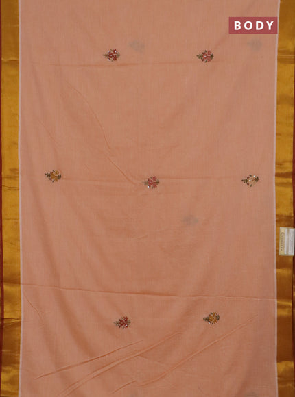 Mul cotton saree pale orange and maroon with embroidery work buttas and embroidery work pallu & zari woven border