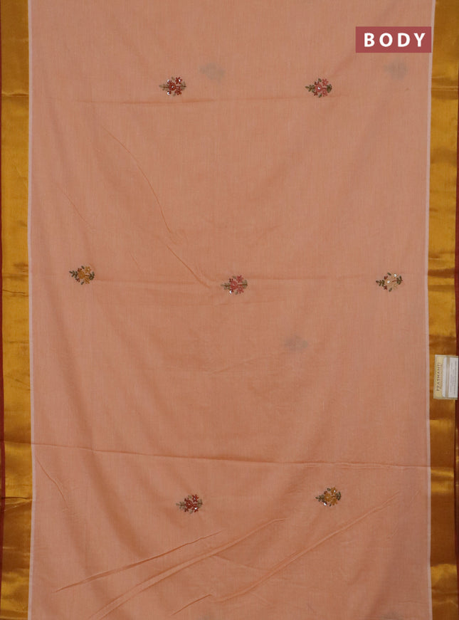 Mul cotton saree pale orange and maroon with embroidery work buttas and embroidery work pallu & zari woven border