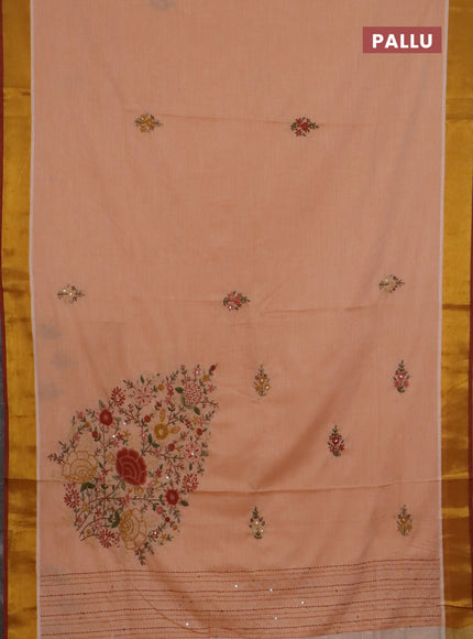 Mul cotton saree pale orange and maroon with embroidery work buttas and embroidery work pallu & zari woven border
