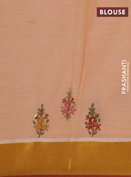 Mul cotton saree pale orange and maroon with embroidery work buttas and embroidery work pallu & zari woven border